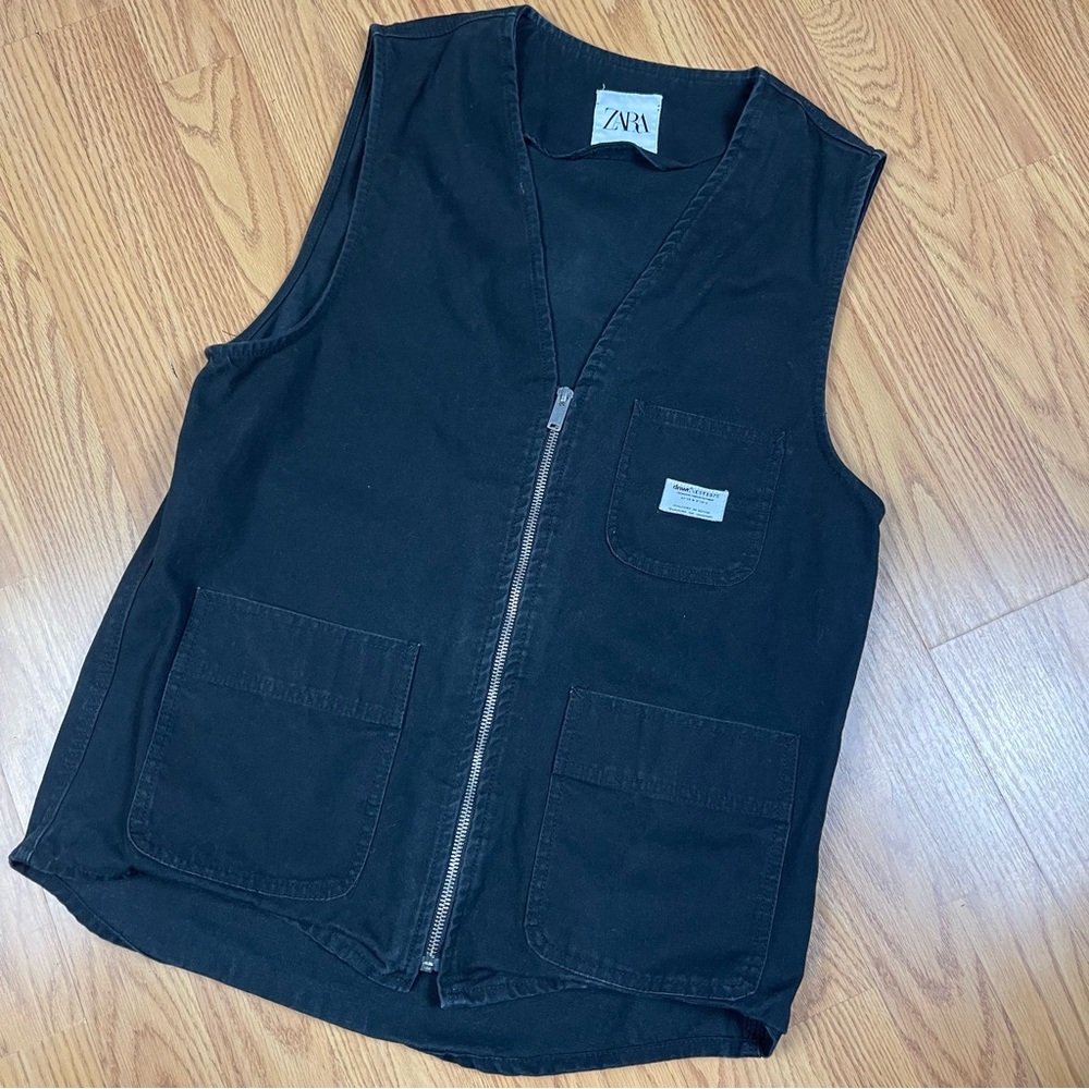 Zara Black Faded Denim Pocket Detail Vest